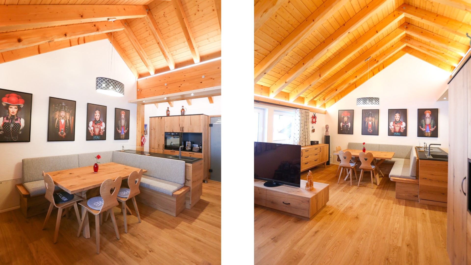 Gemütliches Wohnzimmer mit Holzbalkendecke, moderner Einrichtung, einem Esstisch mit Stühlen, Wandbildern und einem Fernseher.