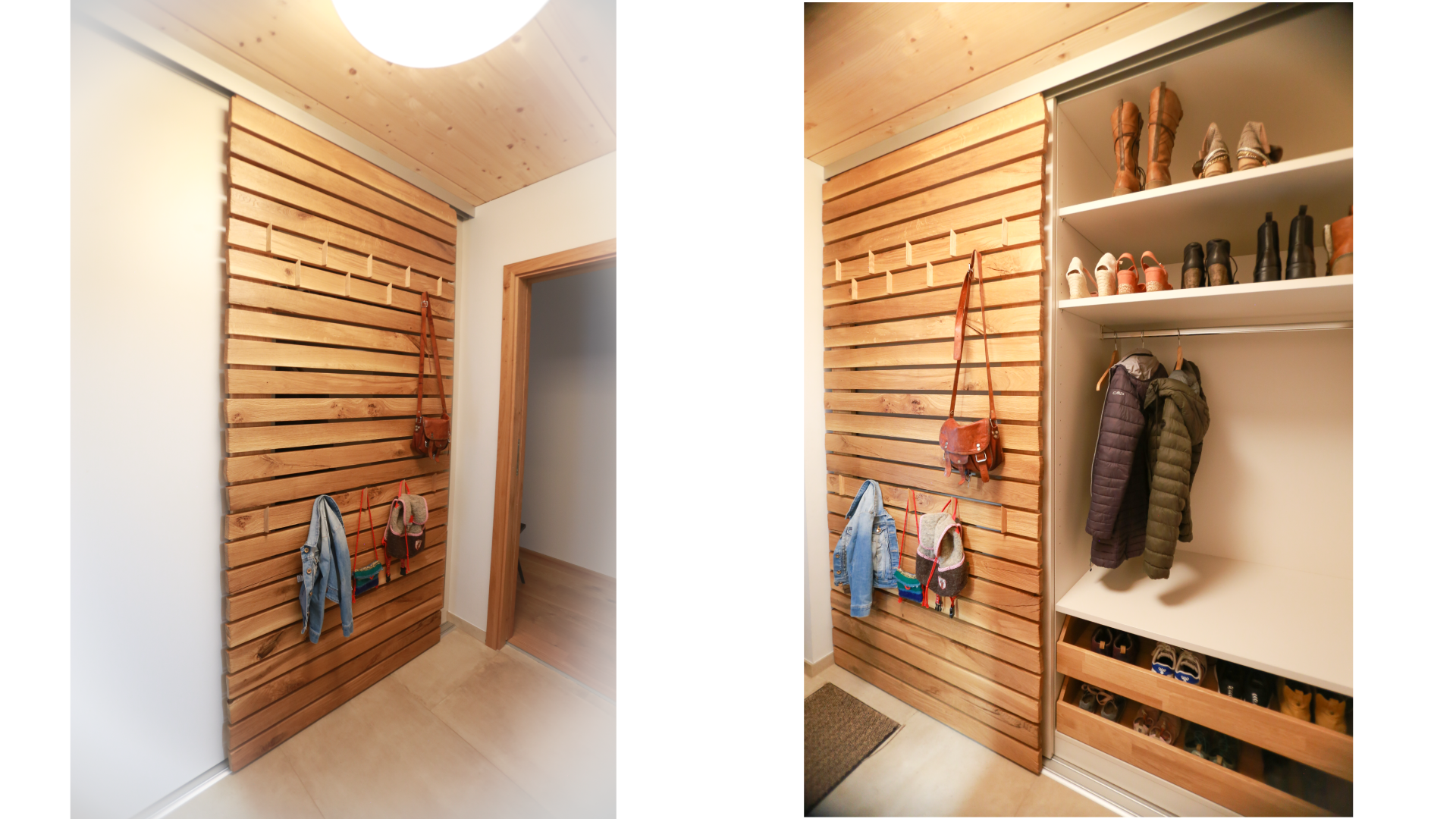 Ein Flur mit einer Holz-Wanddeko, an der Taschen und kleine Taschen hängen, und einem weißen Schrank mit Schuhen und Jacken.