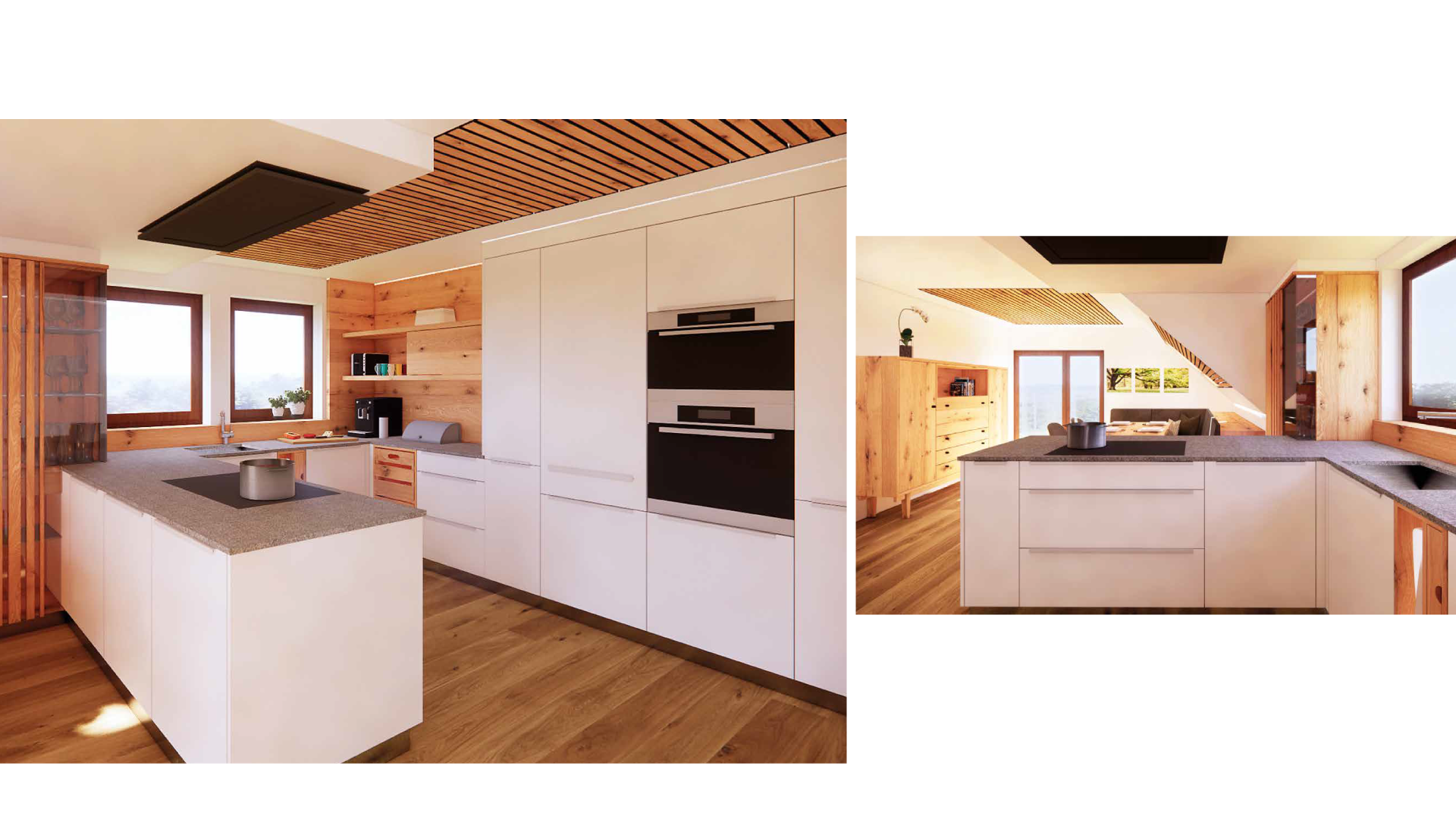 Ein modernes Kücheninterieur mit weißen Schränken, Holzverkleidungen, Holzfußboden und großen Fenstern, die viel natürliches Licht hineinlassen.