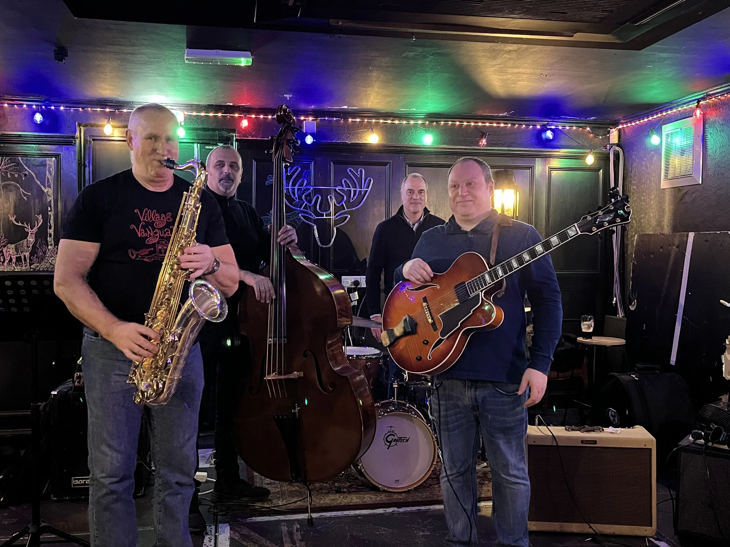 Live Jazz Norwich Norfolk from Jazz guitar quartet Triaura with Mike Owen Sax, Jonathan Guitar, Rob Masters on drums and Maurizio on double bass