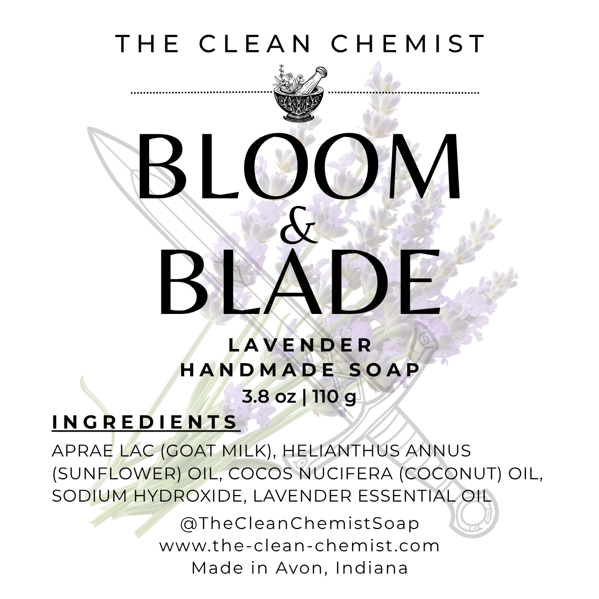 Bloom & Blade Lavender Handmade Soap 3.8 oz 110 g Ingredents Caprae Lac (goat milk), Henianthus annus (sunflower) oil, Cocos nucifera (coconut) oil, sodium hydroxide, lavender essential oil