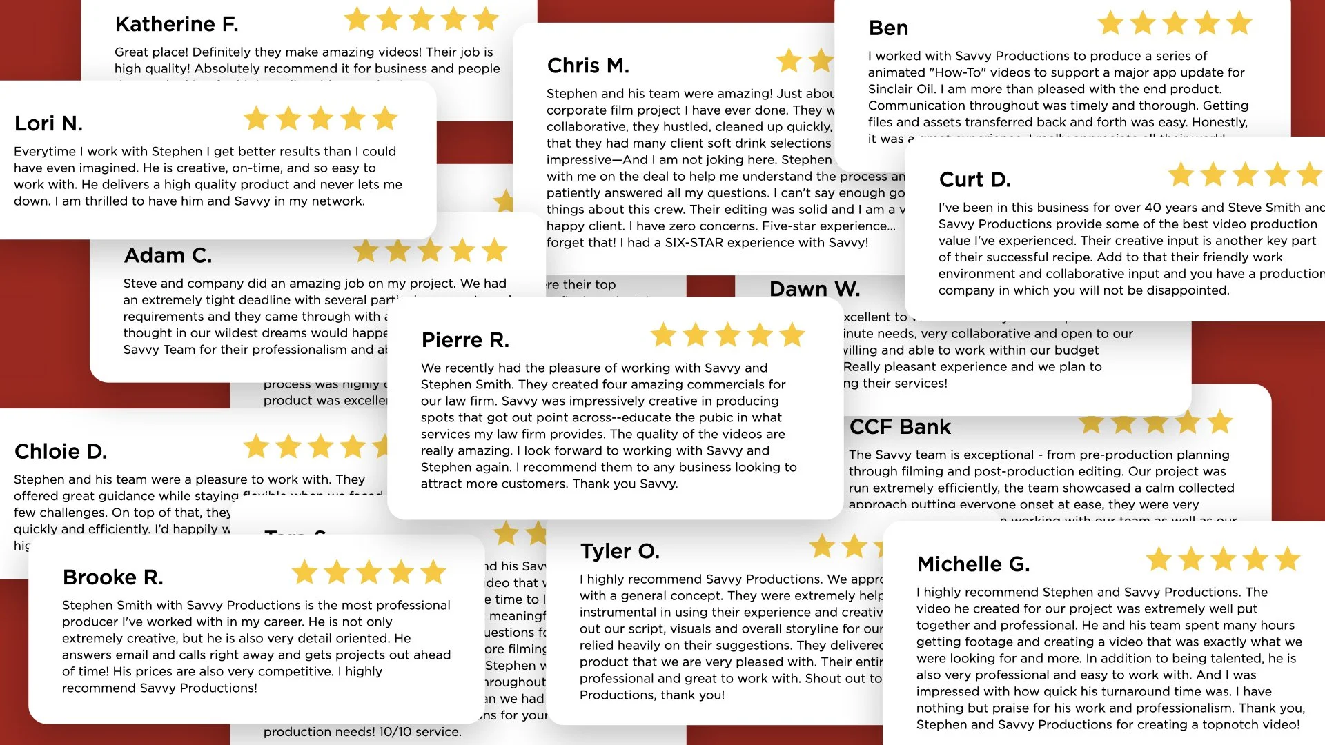 Compilation of multiple customer reviews and testimonials about Savvy Productions, highlighting positive feedback on their video production services, team professionalism, creativity, and customer satisfaction, with some reviews rating five stars.