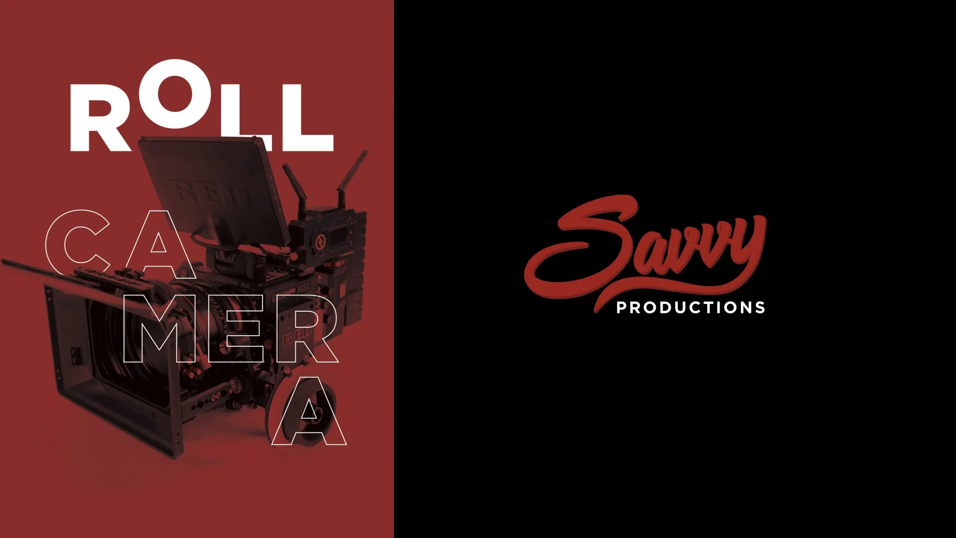 A promotional graphic for Savvy Productions featuring a camera rig on a red background with the words 'Roll Camera' overlaid, and the Savvy Productions logo in red cursive text on a black background.