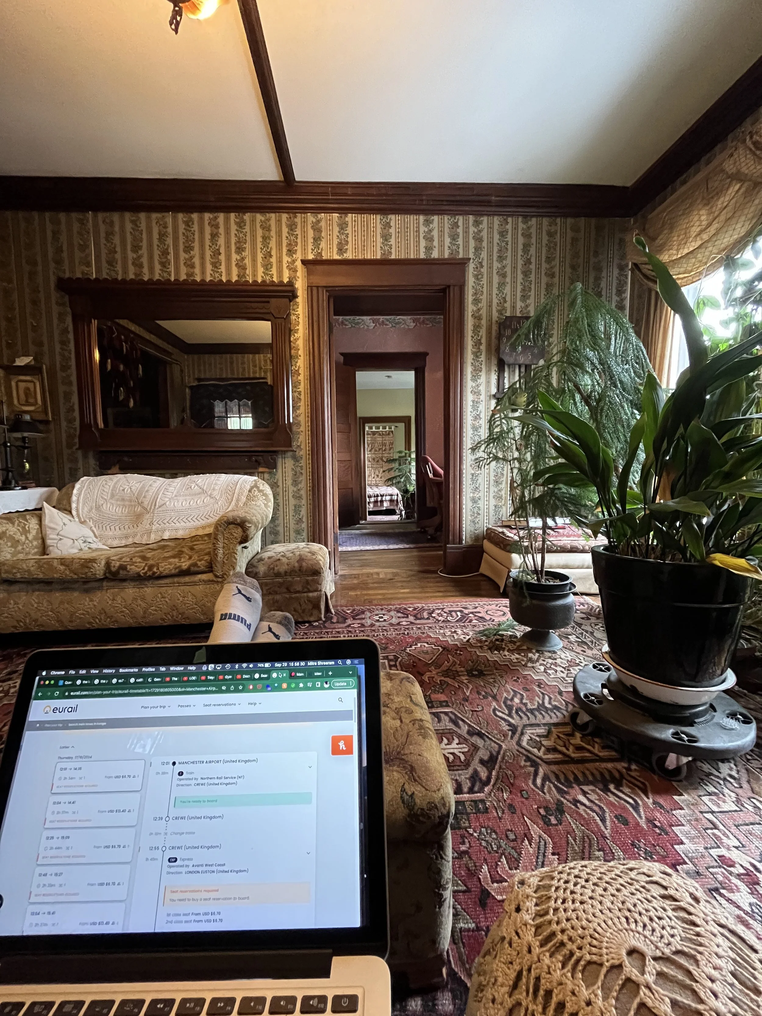 Living room with vintage furniture, patterned curtains, large potted plants, a rug, and a view into another room with similar decor. A laptop is in the foreground.