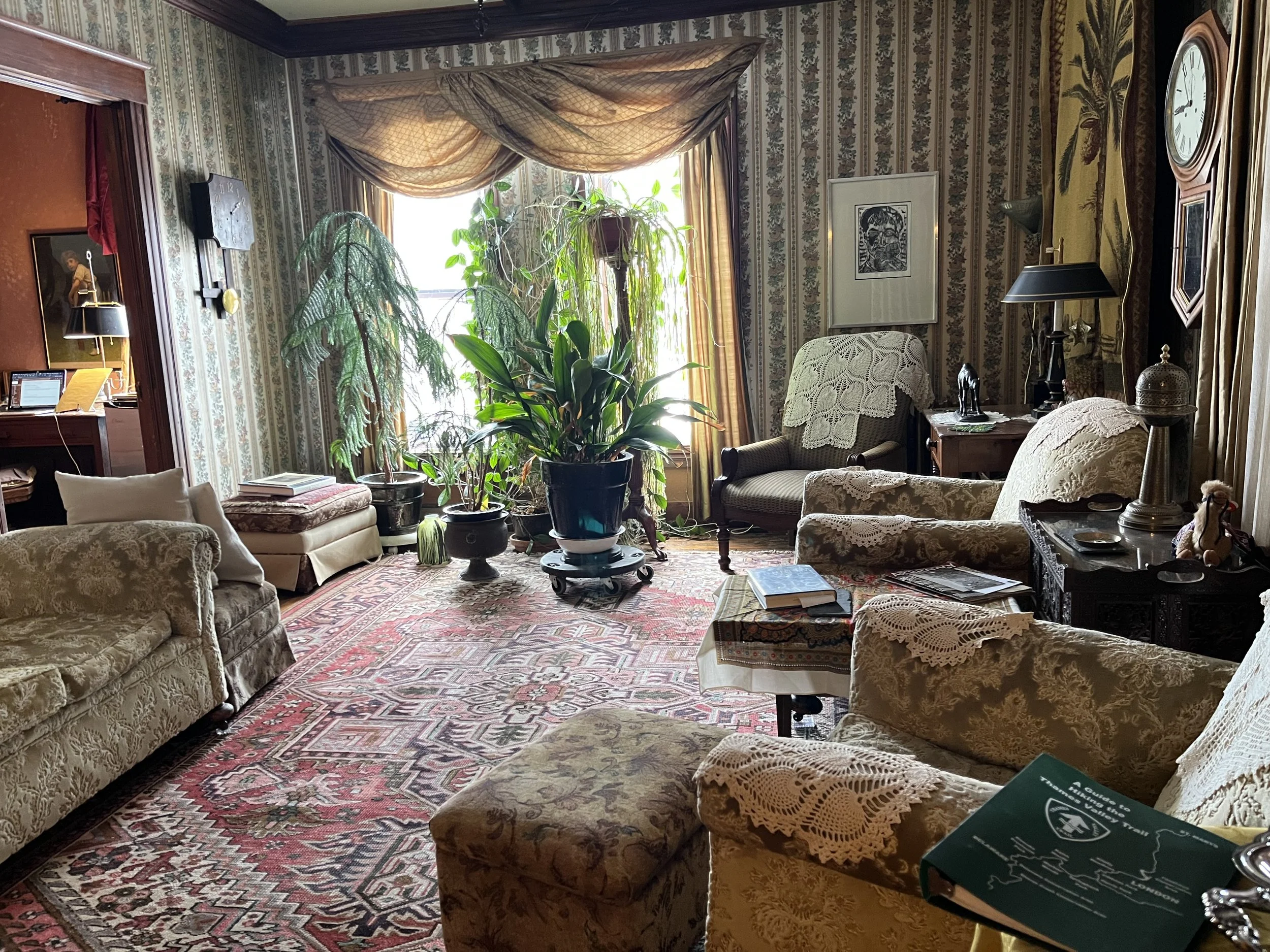 A vintage living room with floral wallpaper, a large window with curtains, and numerous potted plants near the window. The room has a patterned rug, several upholstered chairs and sofas with lace covers, and a wooden side table with books and decorative items. There is a clock on the wall, and sunlight is coming through the window.