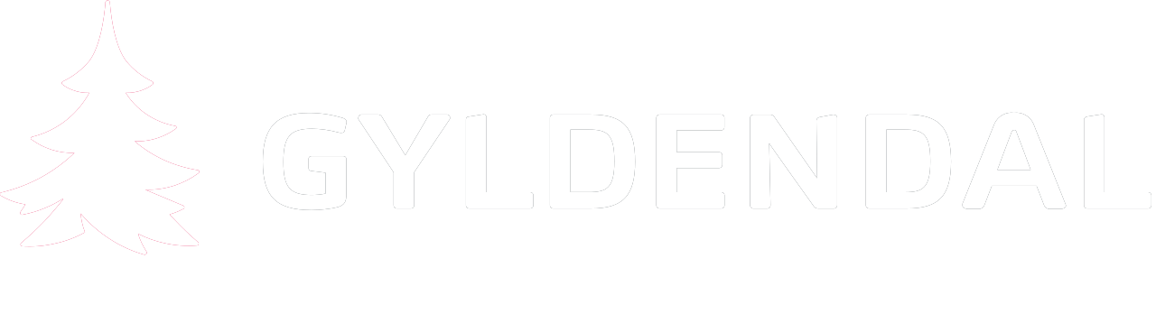En hvit gran trær logo med teksten "GYLDENDAL" på en svart bakgrunn.