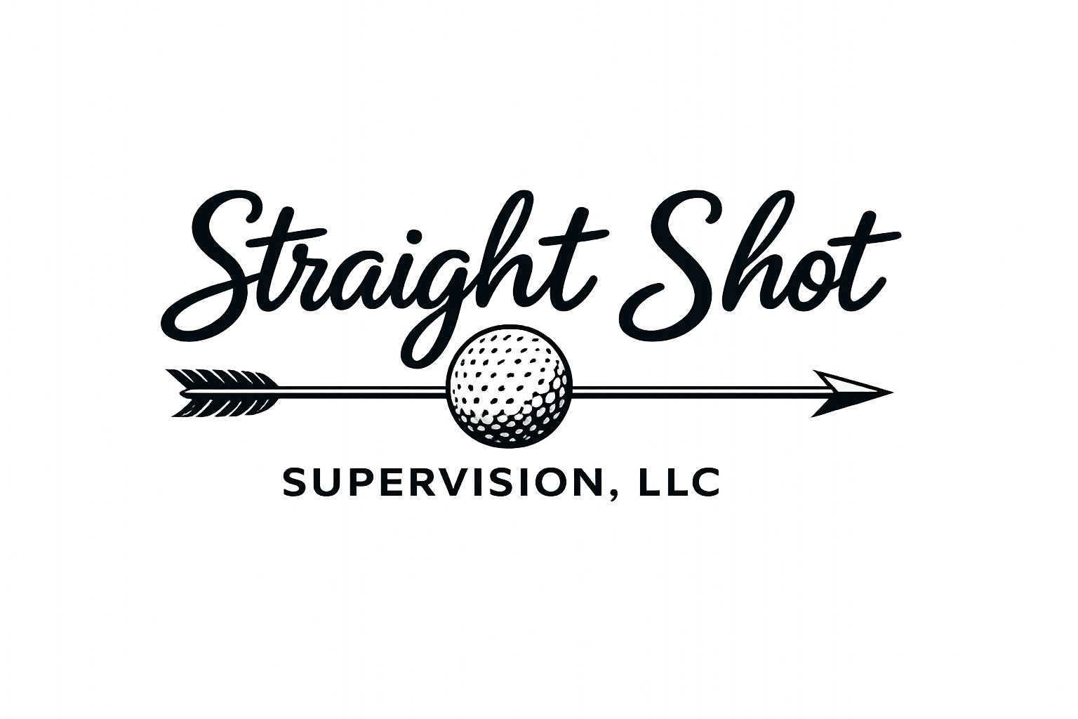 Logo for Straight Shot Supervision LLC featuring a stylized golf ball on an arrow in front of a city skyline with the company name.