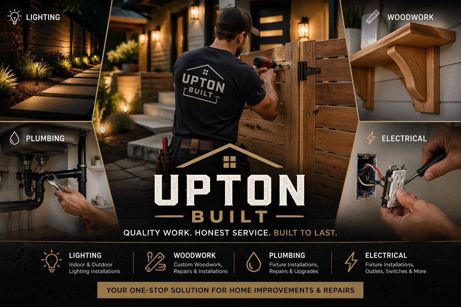 A man working on a wooden fence at dusk, with illuminated house exterior and landscape lighting, representing a home improvement company offering lighting, woodworking, plumbing, and electrical services.