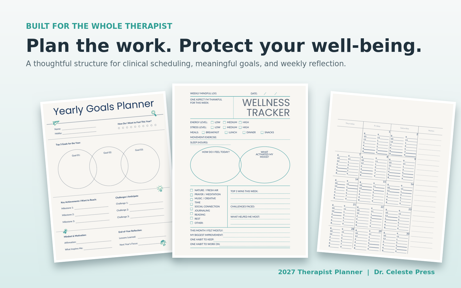 2027 therapist planner with yearly goals, wellness tracking, clinical scheduling, and weekly planning pages.