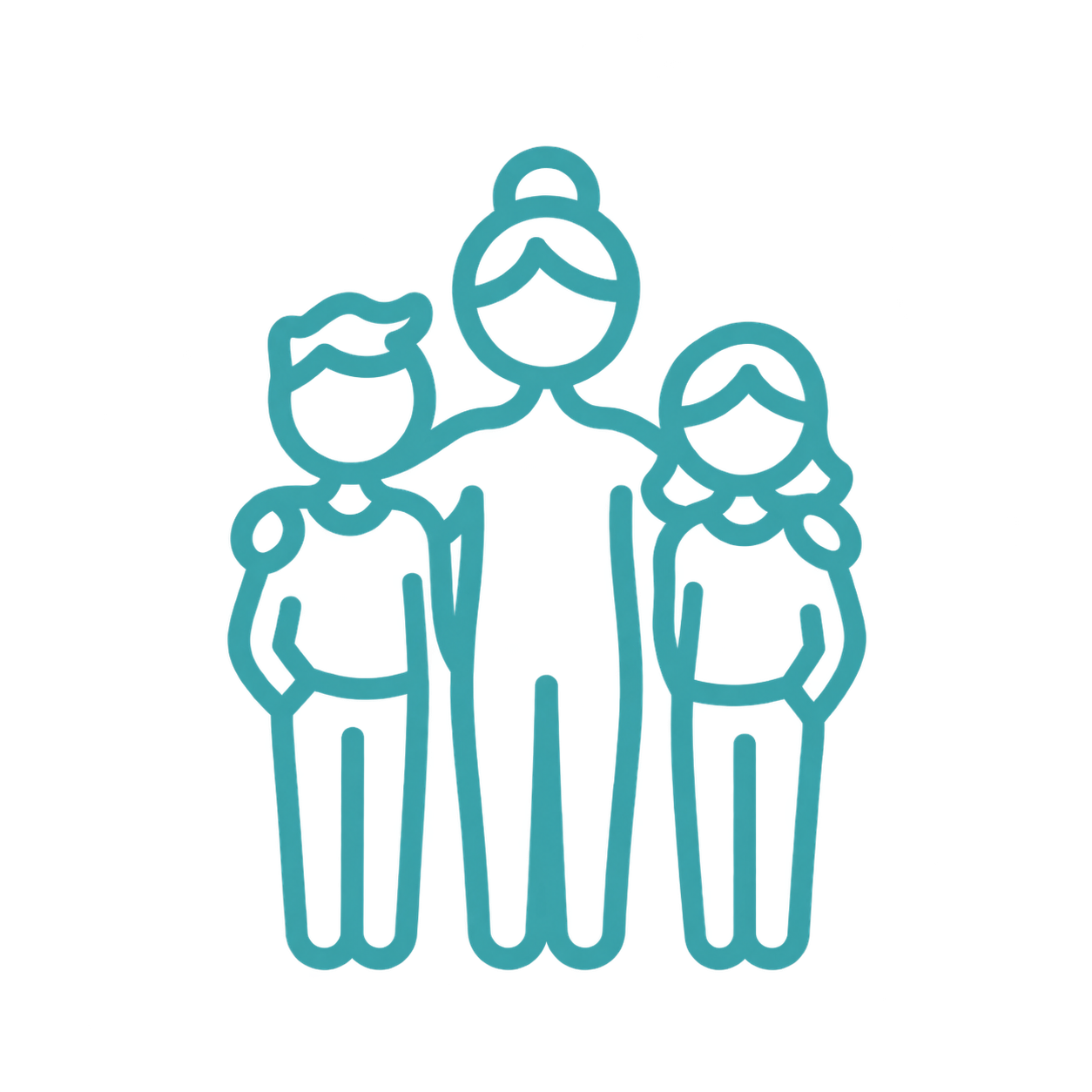 teal outline of a mom and two children representing family