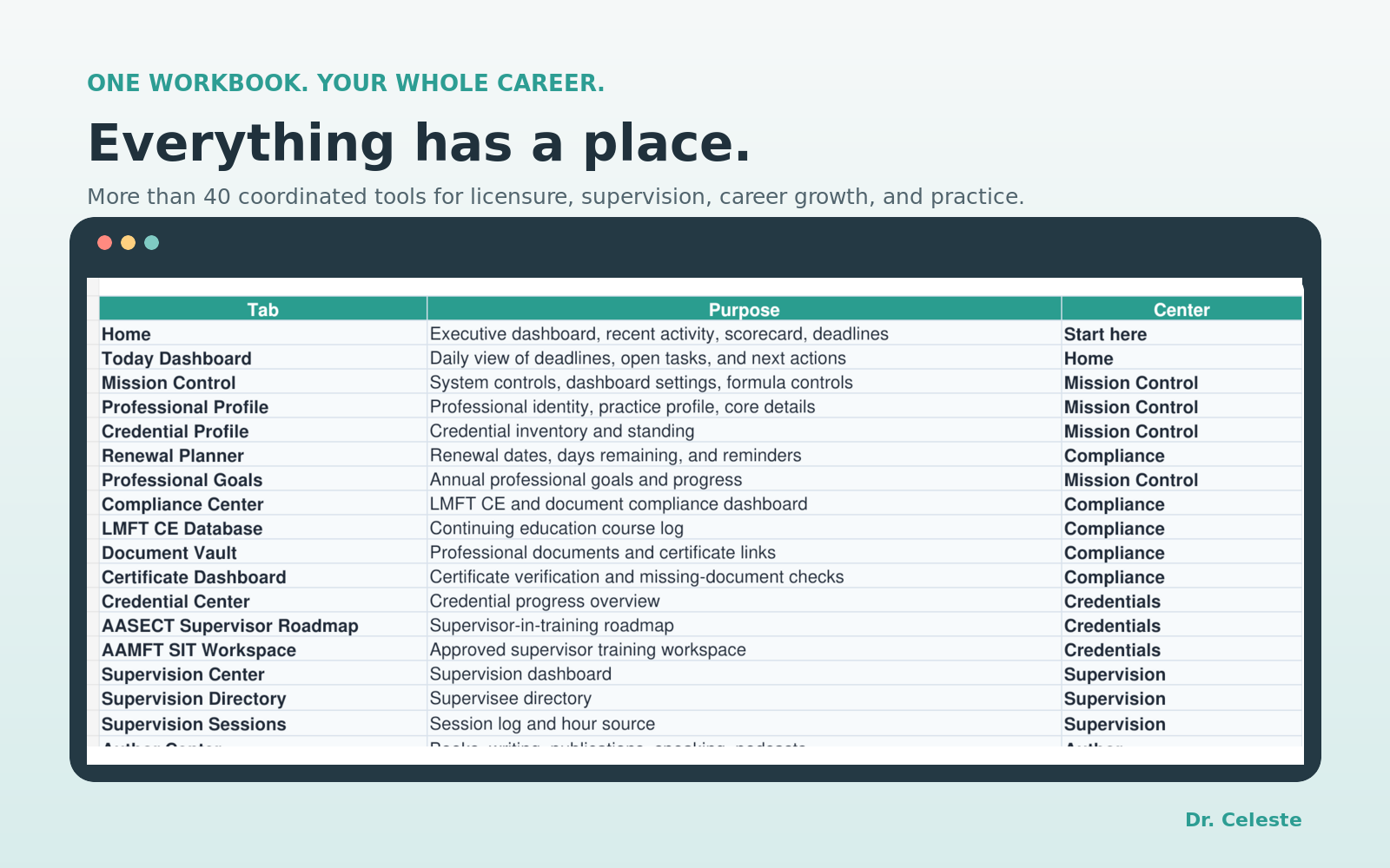 Professional Command Center workbook with coordinated tools for tracking licensure, supervision, credentials, career goals, and professional development.
