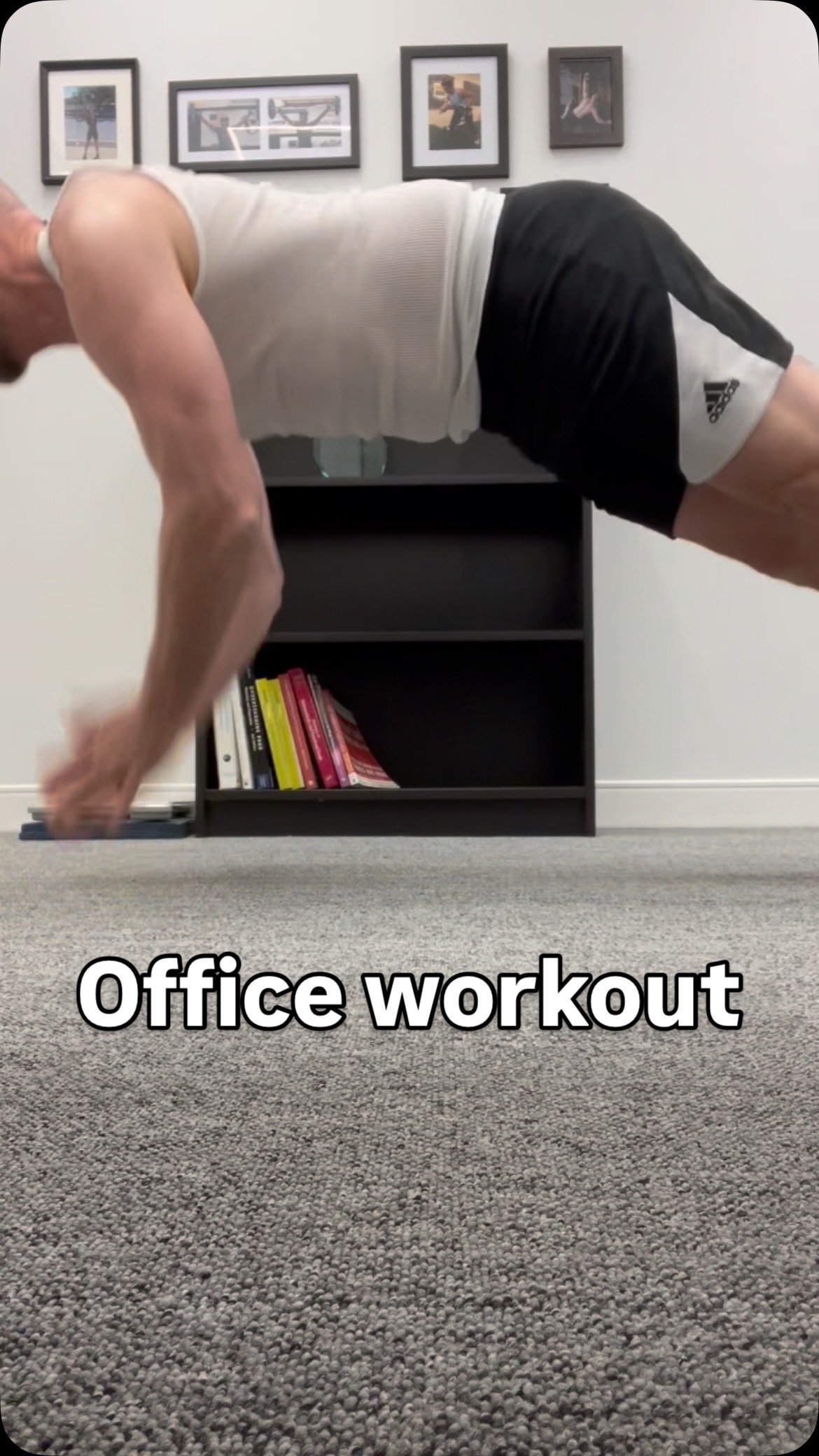 I train in my office sometimes because that’s when I have time and energy and this kids are in school/camp. Try this workout and don’t forget extra undies. 5 sets of push ups and curls to safe failure. 30 min including changing and warm
