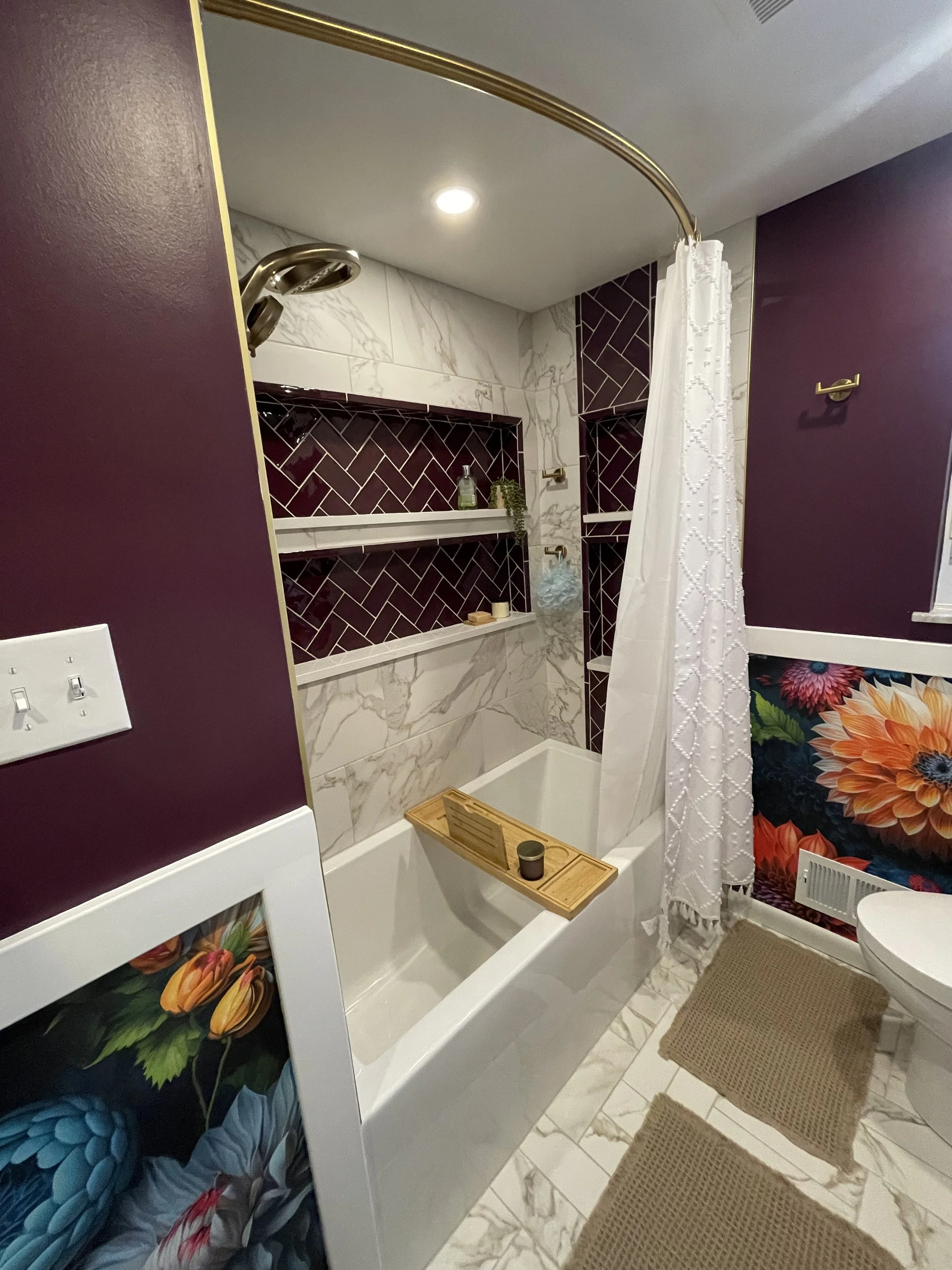 North Hills Primary Bath - Extra large shower storage niches with royal purple niches and those beautiful gold details once more.