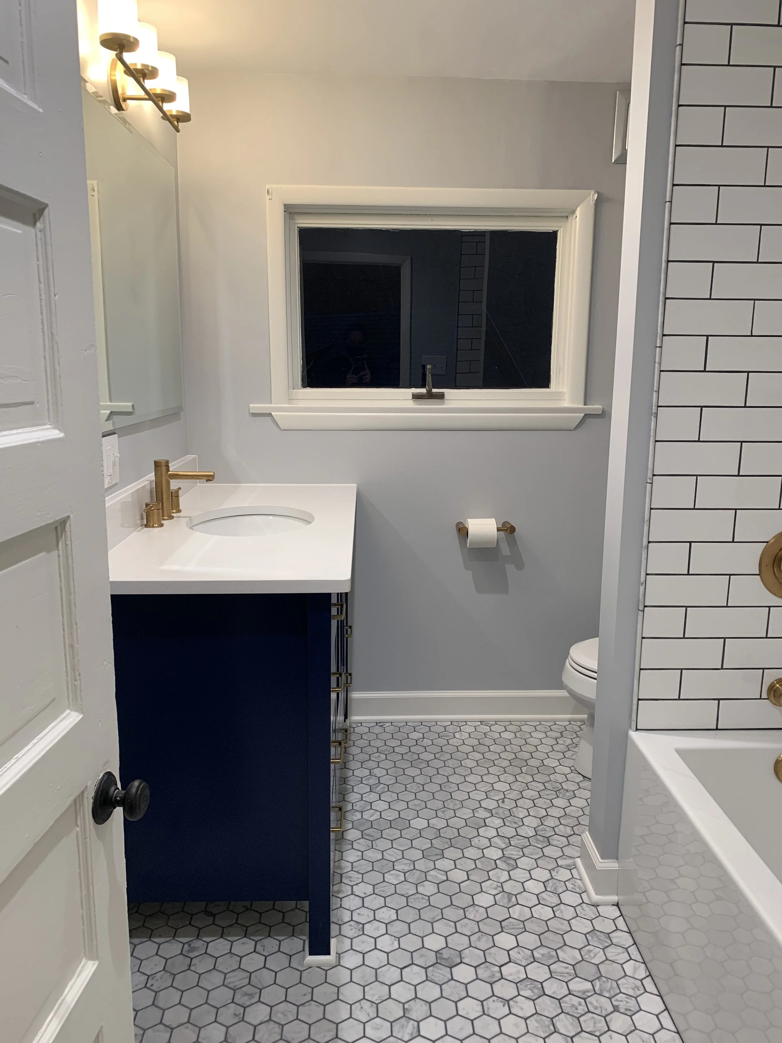 Sewickley Primary Bath featuring new Carrara marble floors.