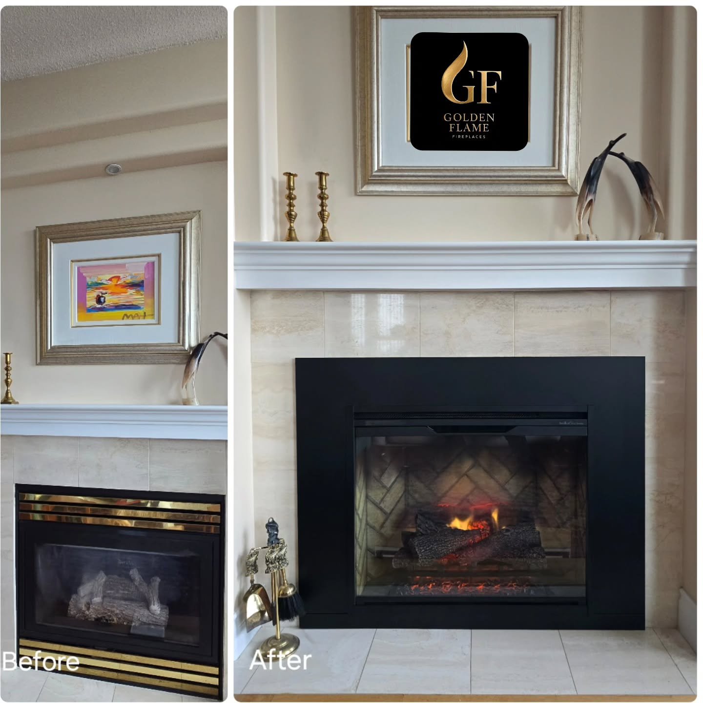 Before ➜ After Transformation!
Upgraded from gas to electric for a cleaner, modern look. Zero venting, zero maintenance &mdash; just pure comfort.

#fireplace 
#gasfireplace 
#fireplacedesign 
#electricfireplace 
#goldenflame 
#goldenflamefireplaces