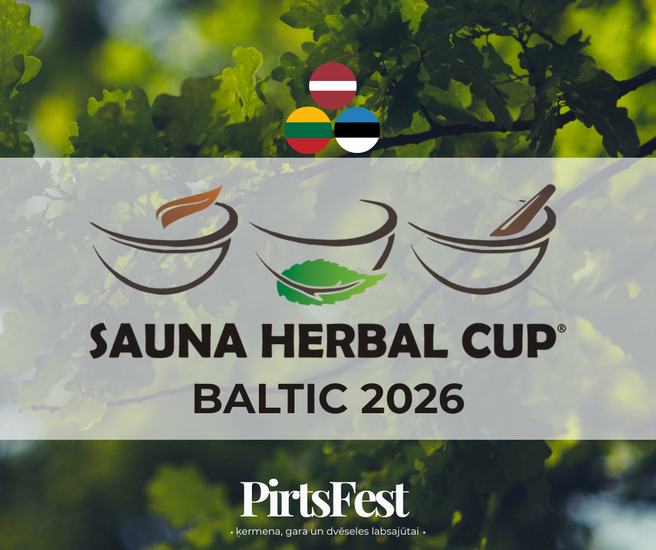 Logo for Sauna Herbal Cup Baltic 2025 at PirtsFest 2025, featuring three stylized bowls, a green leaf, and flags of Latvia, Lithuania, and Estonia, with text in Latvian.