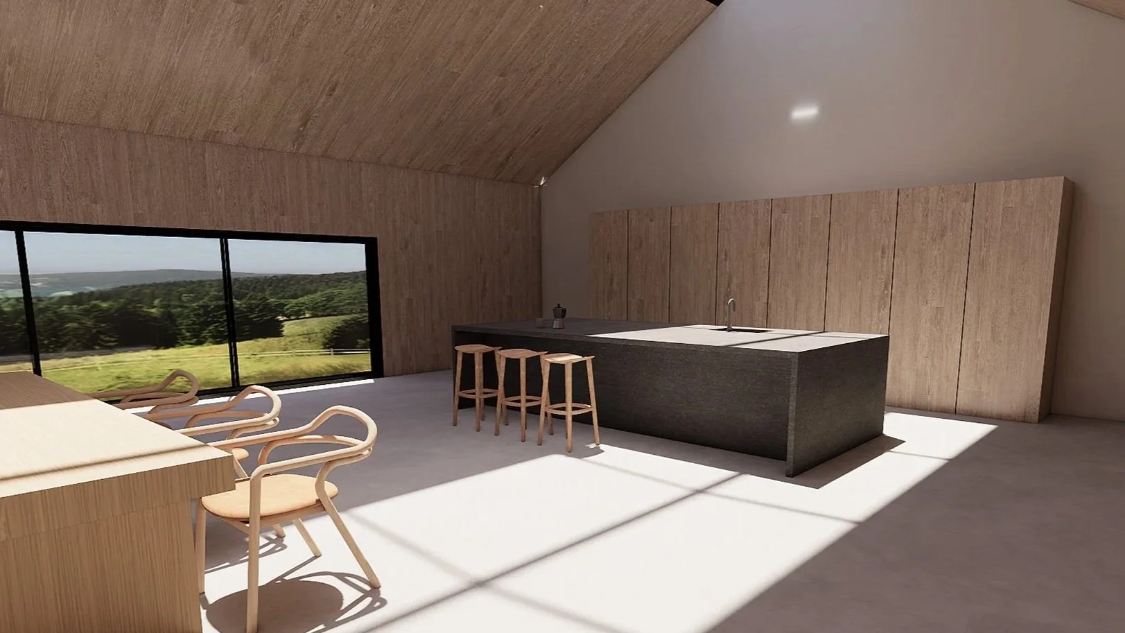 The kitchen pairs robust surfaces with pared-back detailing. A stone island anchors the room, facing views across the valley.
