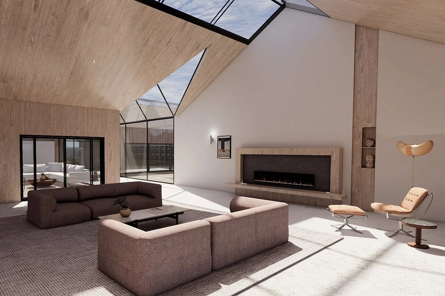 Soft materials and custom furniture anchor the main living space, where warmth and openness are shaped by clean lines and soaring ceilings.