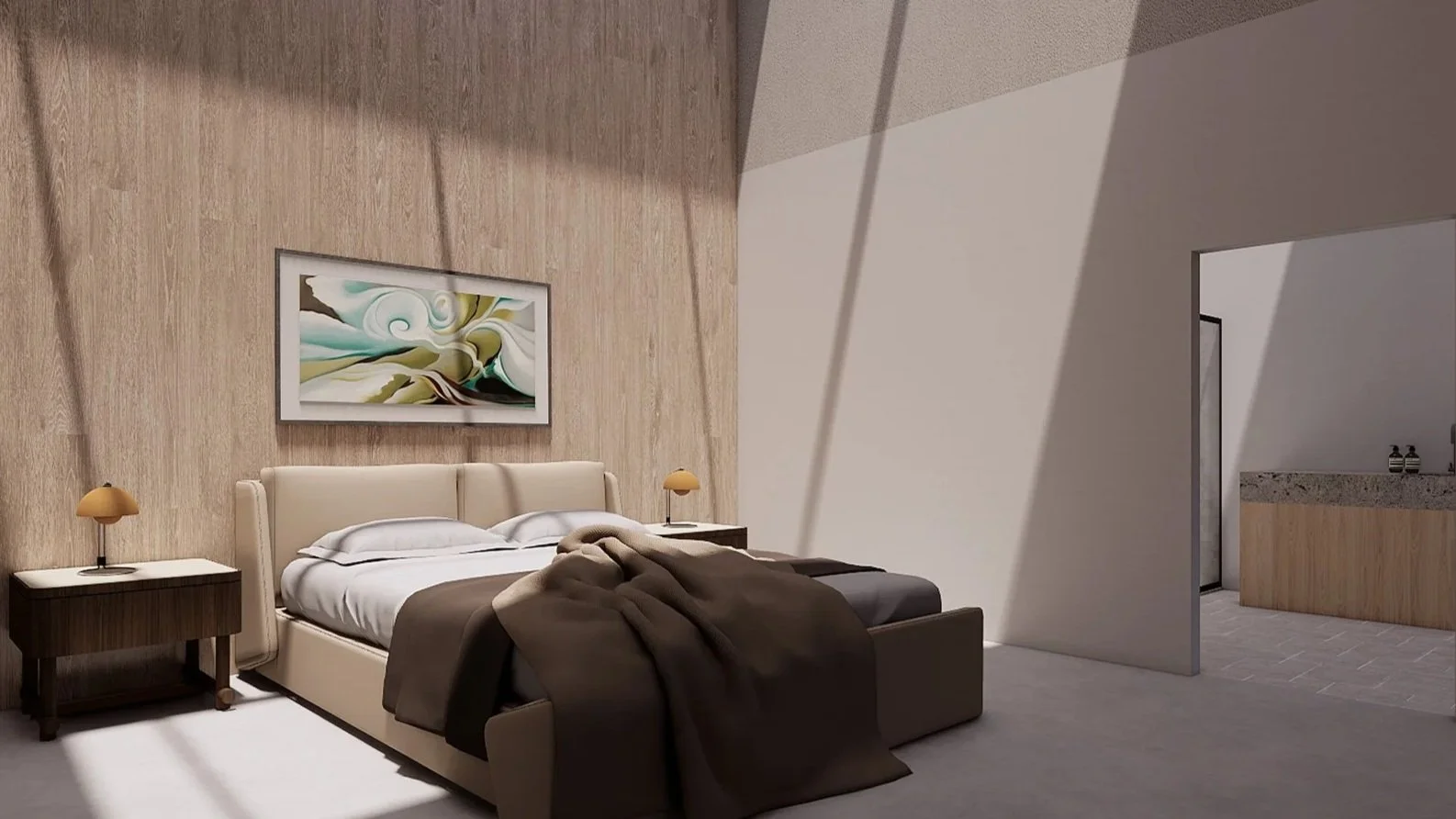 Framed by warm timber and natural light, the bedroom offers a calm, private retreat connected to the ensuite beyond.