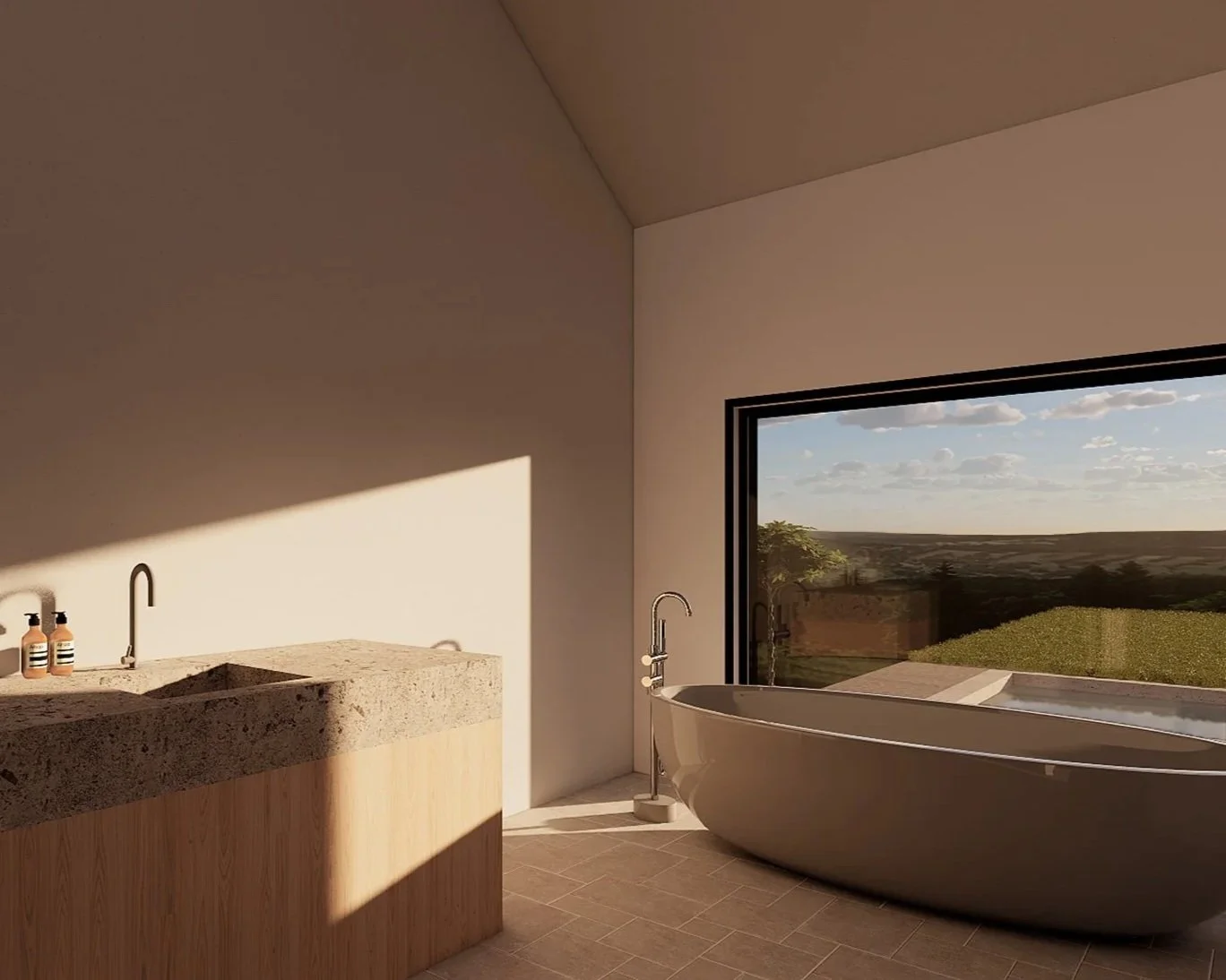 Raw stone, soft plaster, and natural light elevate daily rituals, with a freestanding tub oriented toward the view for quiet reflection.