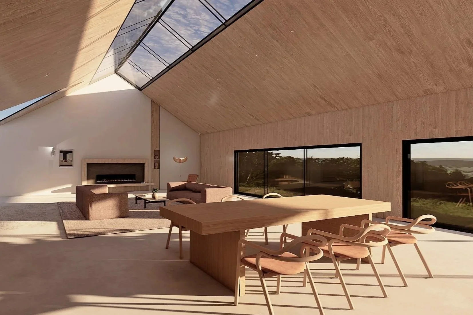The main living and dining area flows beneath a sculpted roofline, with clerestory glazing drawing in shifting daylight throughout.