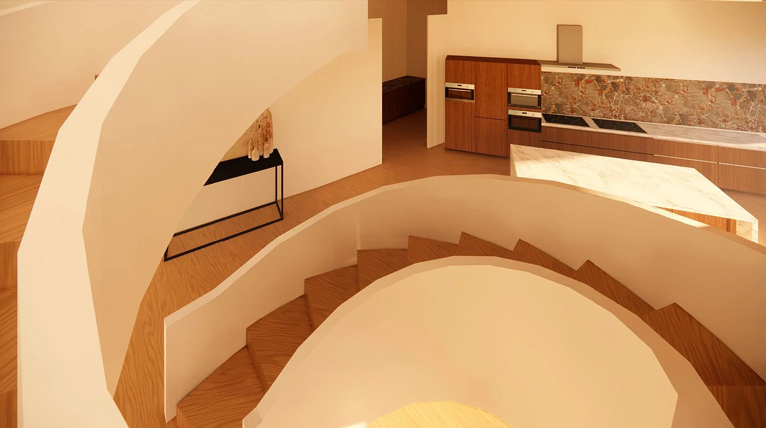 Curved forms and layered textures highlight the stair as both circulation and sculptural centrepiece.