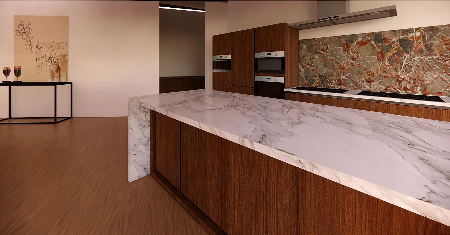 Marble and timber define the kitchen as a refined yet grounded space for daily rituals and entertaining.