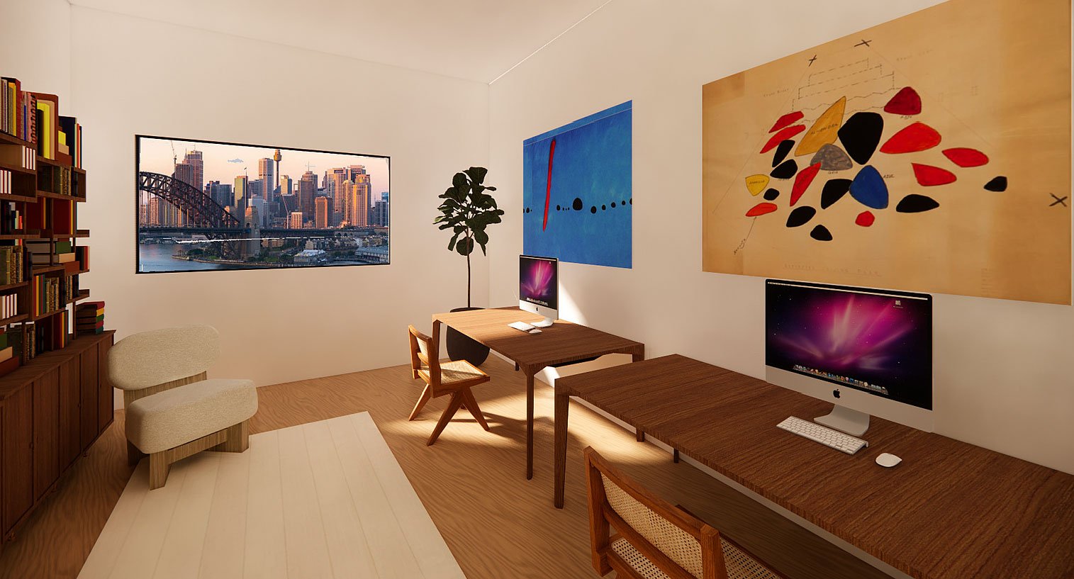 A multifunctional space blends living and working with warmth, tactility, and personality.

