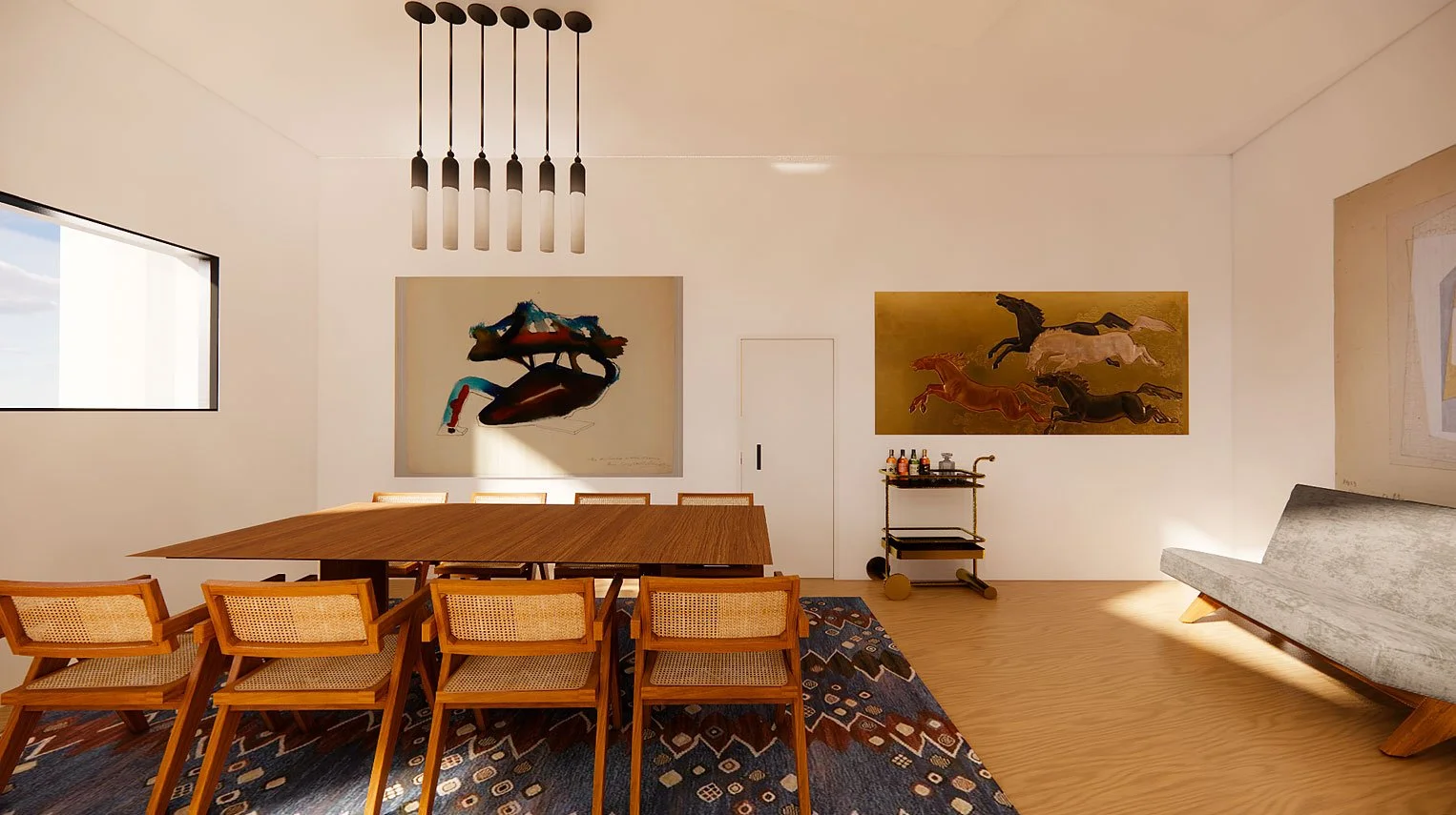 Anchored by expressive furniture and artwork, the dining area reflects the clients’ creative and social lifestyle.