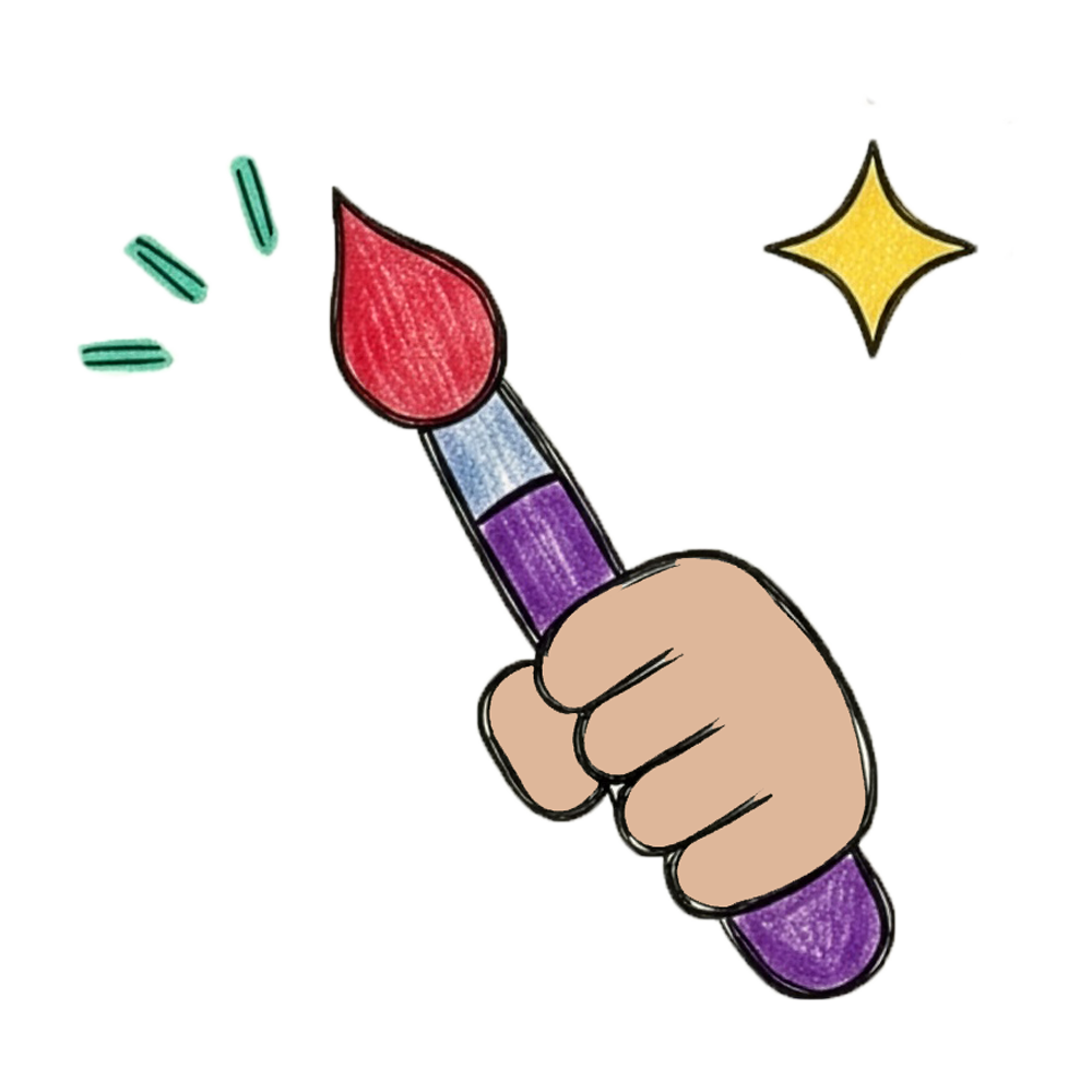 Drawing of a hand holding a colorful paintbrush with red and purple paint.