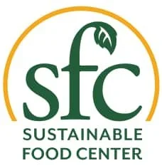 Logo of the Sustainable Food Center featuring green text 'sfc' with the full name below and a yellow arc.