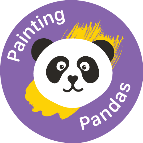 Circle logo with purple background, featuring a cartoon panda face and yellow paint streak, with the text 'Painting Pandas' in white curved around the panda.