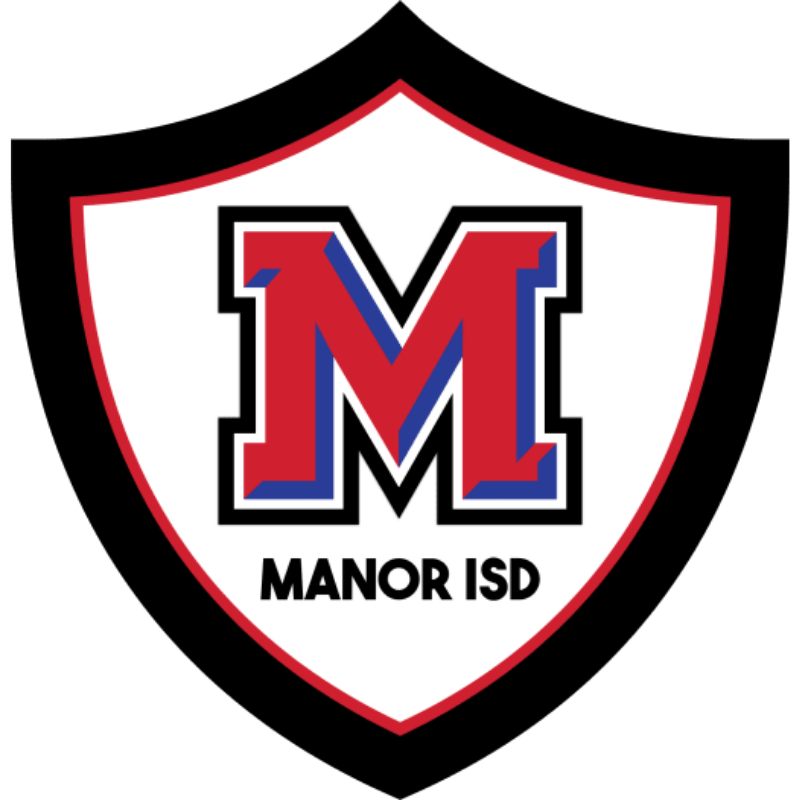 Manor ISD school emblem featuring a red letter 'M' outlined in black and blue, with the words 'MANOR ISD' below, set on a white shield with a red border and a black background.