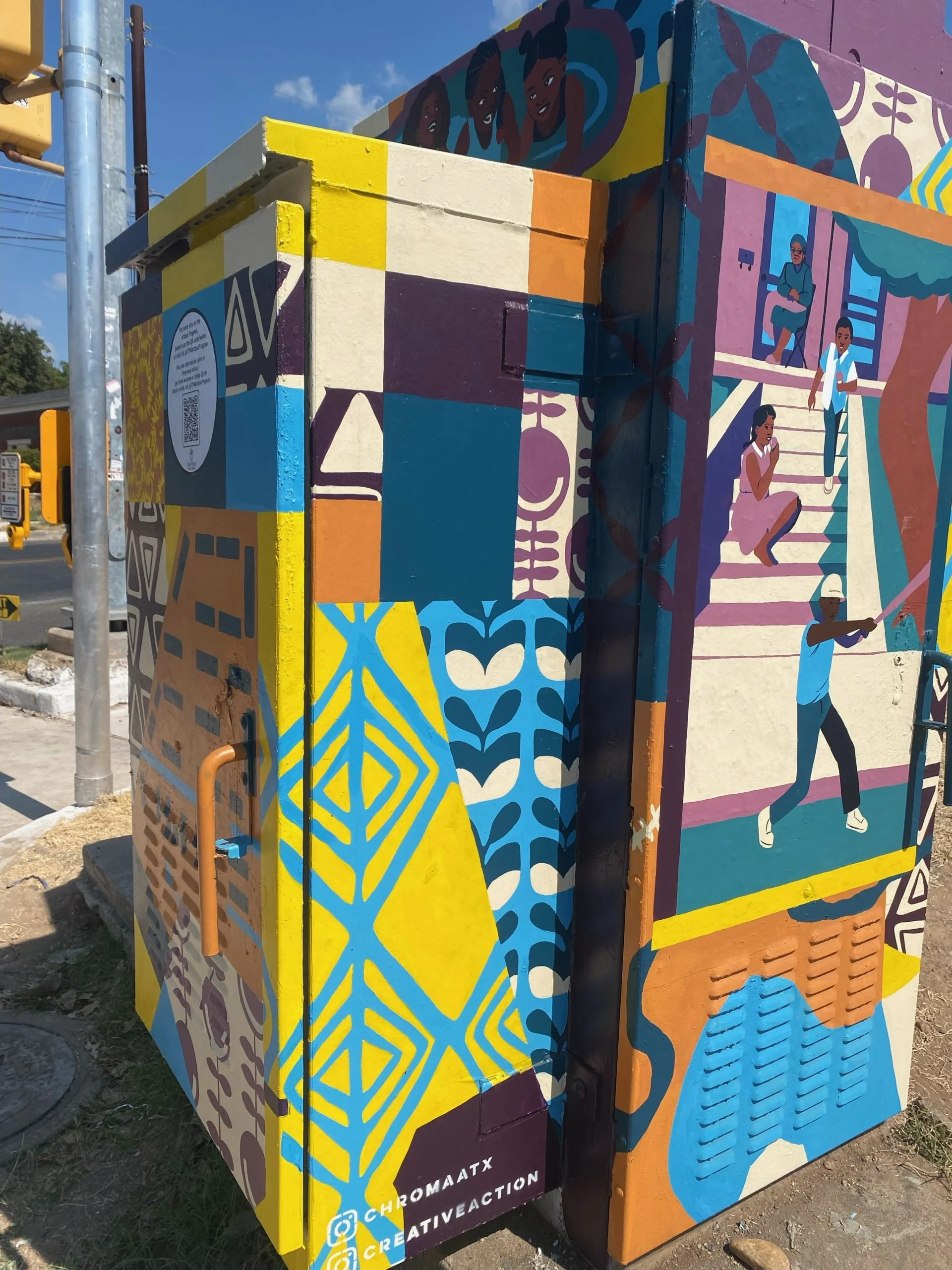 Colorful mural painted on a utility box featuring diverse people engaged in various activities, stylized with vibrant geometric shapes and patterns.