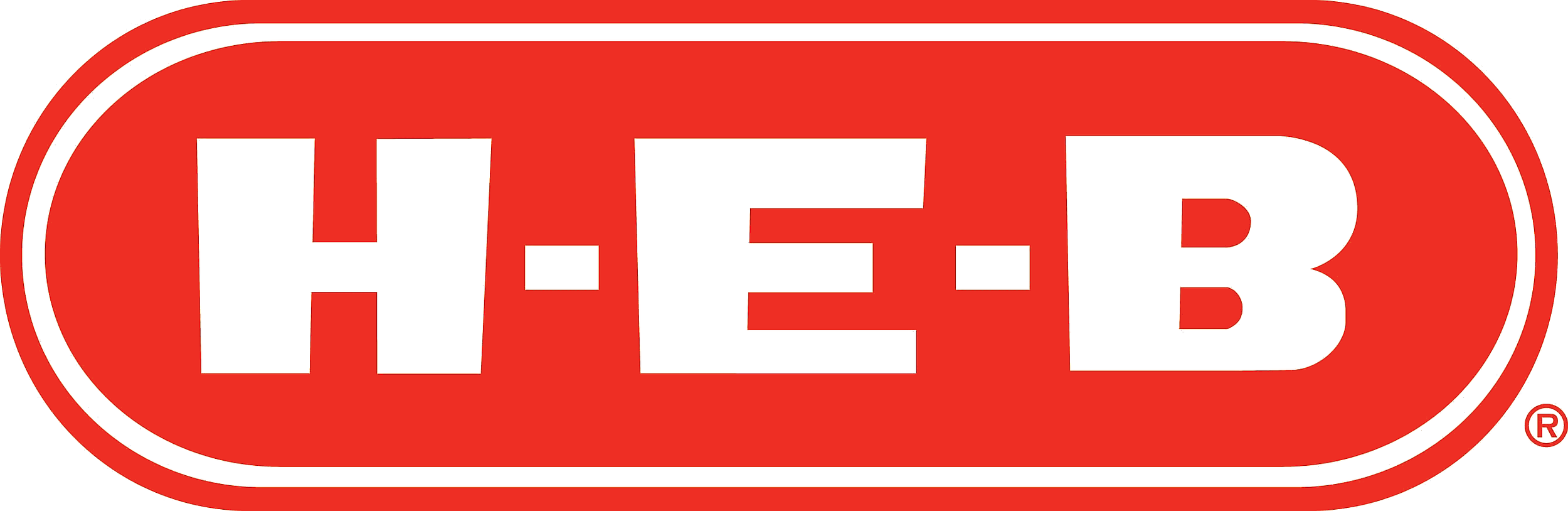 H-E-B logo with white text on red oval background with white border and registered trademark symbol