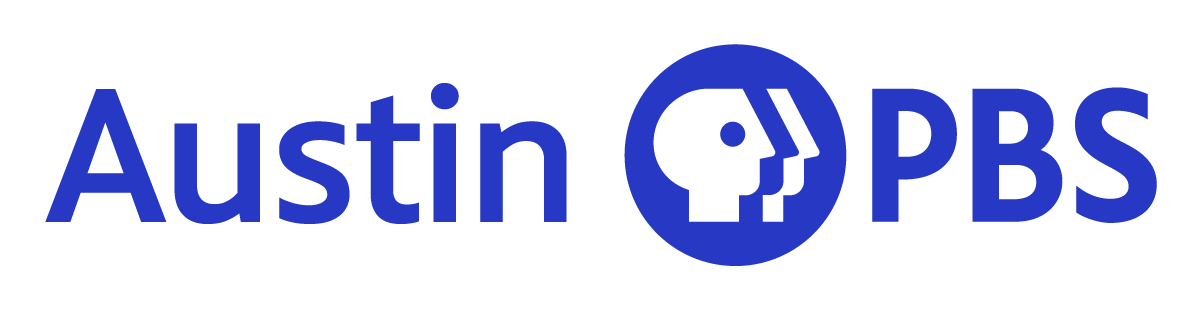 Logo of Austin PBS featuring the text 'Austin PBS' with a stylized white profile of a human face within a blue circle.