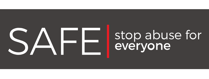 Graphic with the word 'SAFE' and a message to stop abuse for everyone.