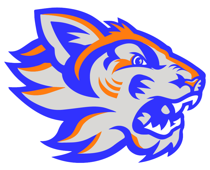 Illustration of a lion's head in blue, gray, and orange colors, with a fierce expression and an open mouth showing teeth.