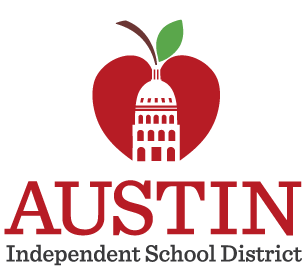 Logo of Austin Independent School District featuring a red apple with a white building inside and the word 'AUSTIN' below.