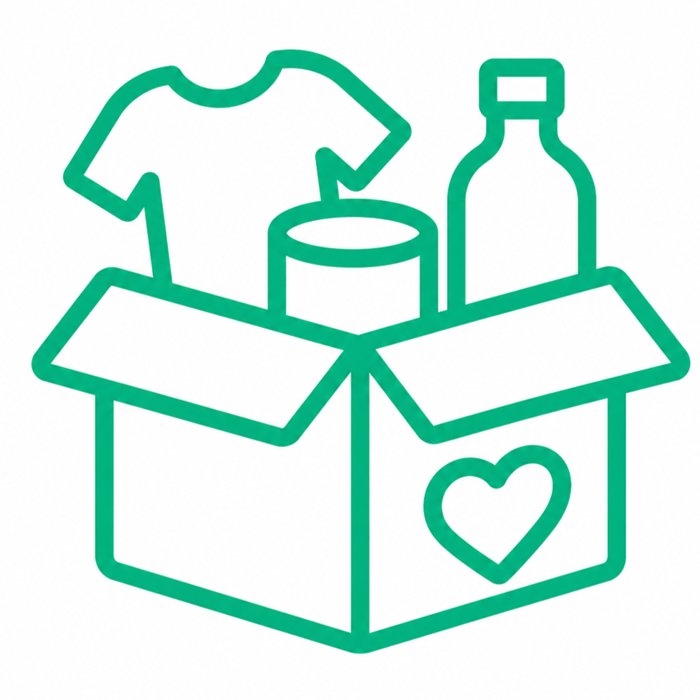 Outline of a box with a heart on the side, containing a shirt, a container, and a bottle.
