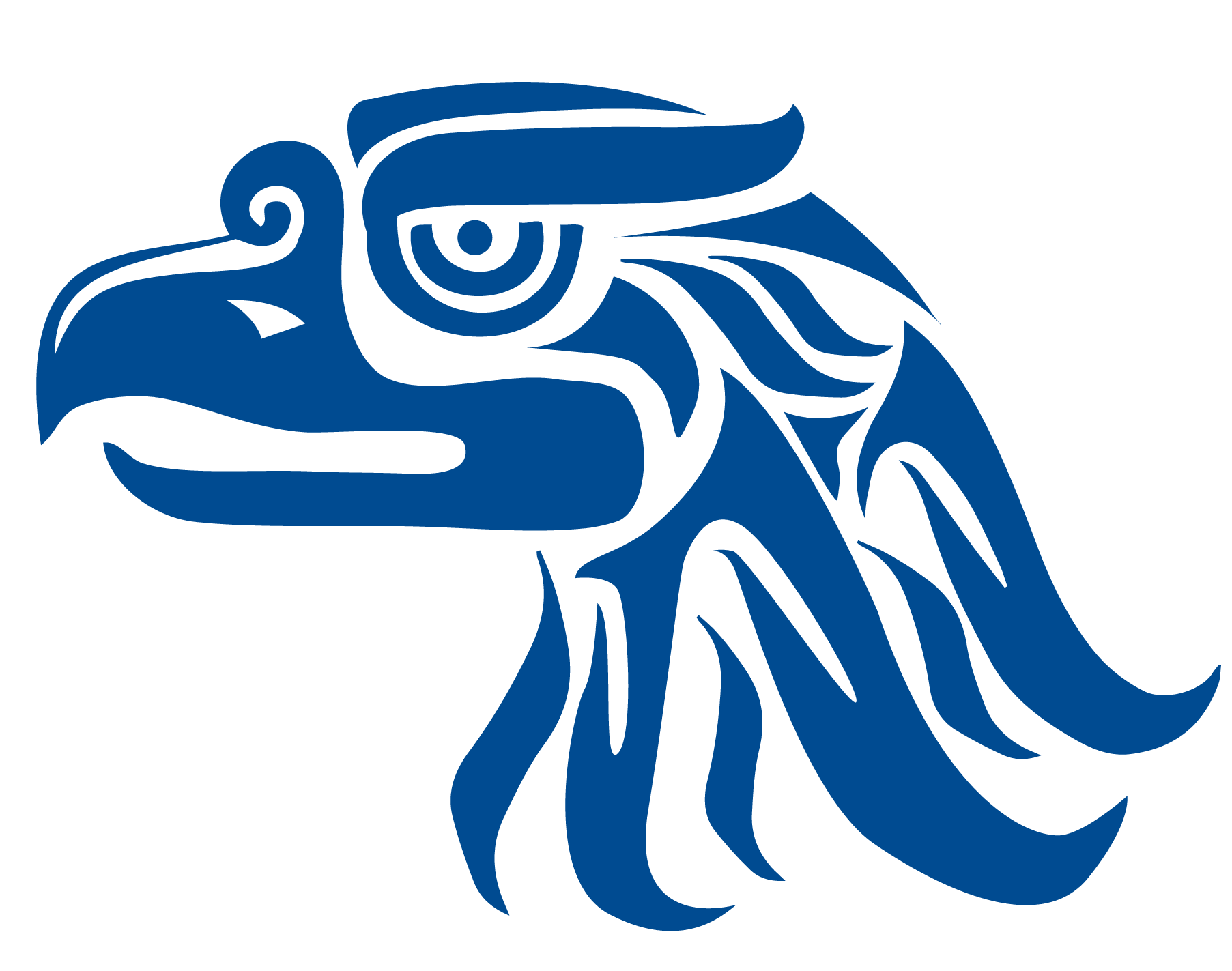 Illustration of a stylized blue eagle head with detailed lines, facing left.