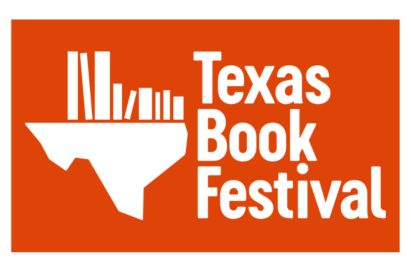 The logo for the Texas Book Festival, featuring a white outline of the state of Texas with a row of books inside, set against a red background, with the text "Texas Book Festival" to the right.