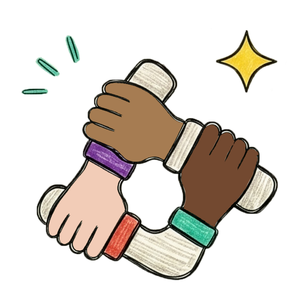 Four hands of different skin tones joined together.