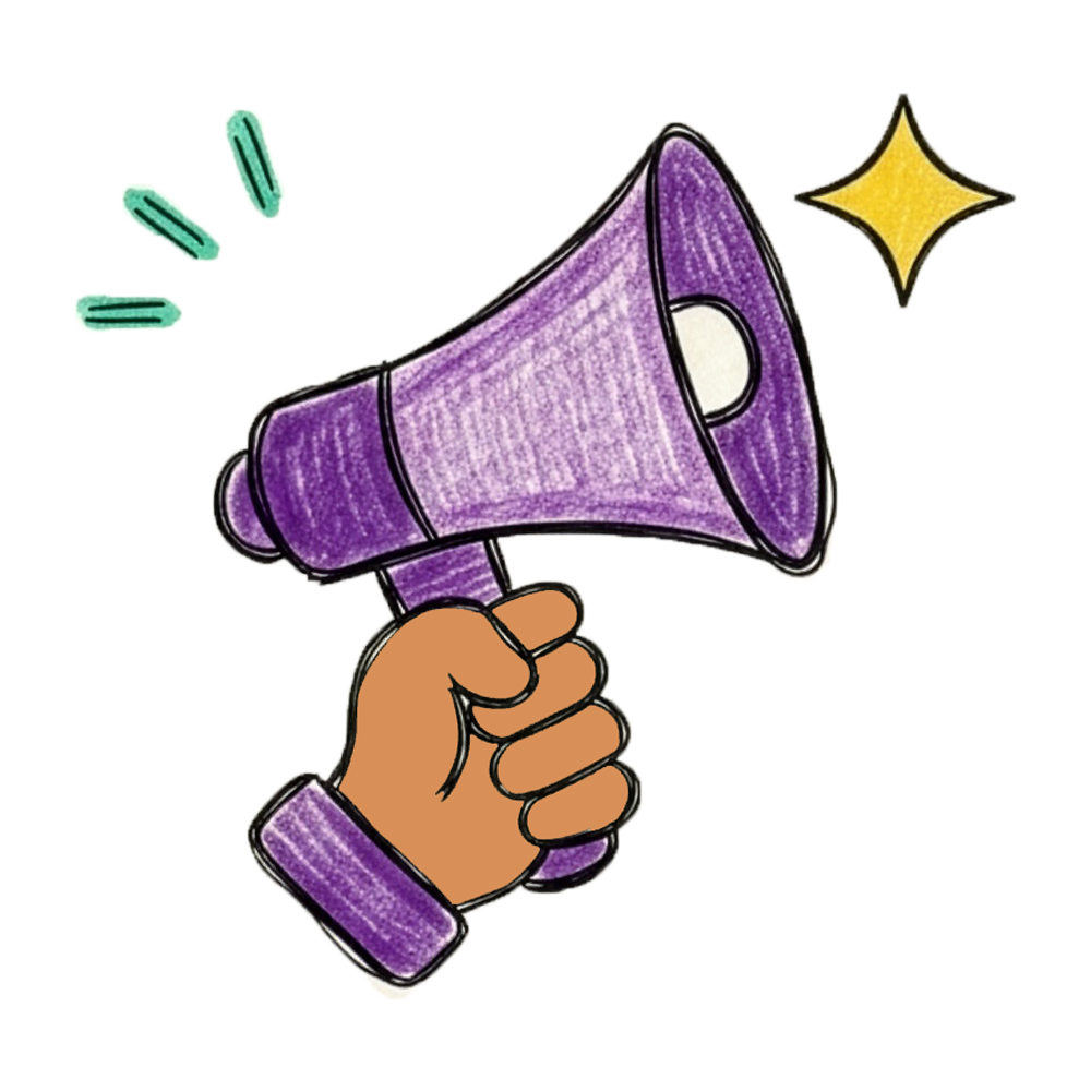 Hand holding a purple megaphone with sound lines and a yellow star-shaped sparkle