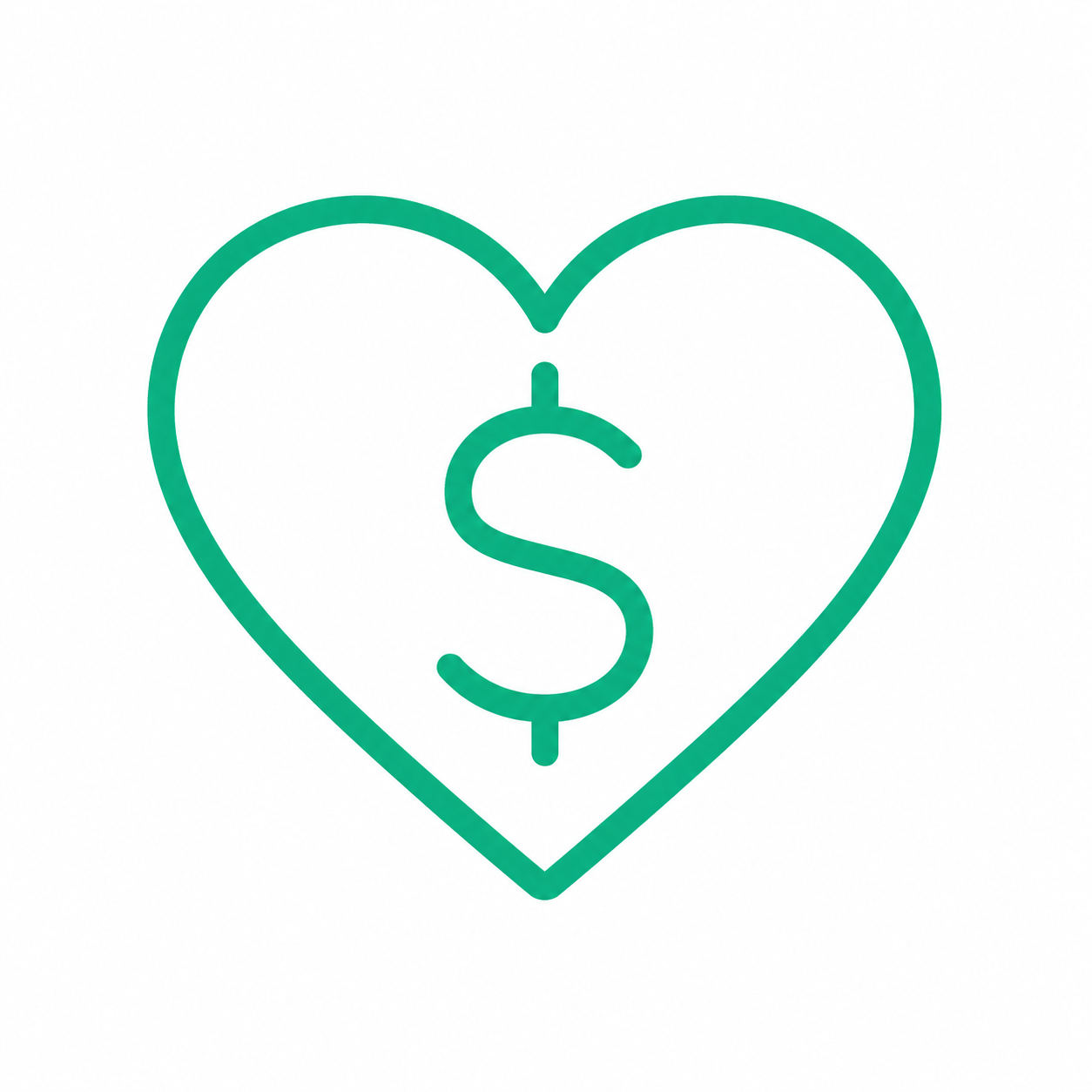 Green outline heart with a dollar sign in the center.