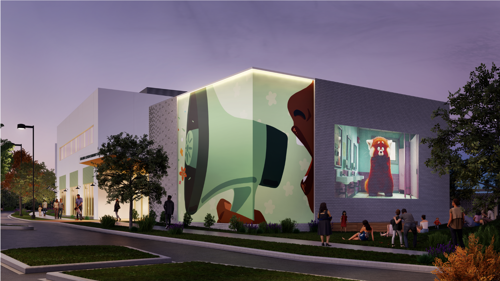 A mockup image showing the side of the new Community Arts Collaborative building.