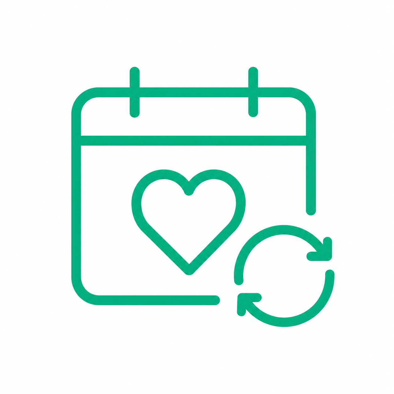 A teal-colored icon of a calendar with a heart in the center and a circular arrow indicating refresh or repeat.