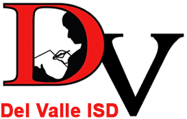 Del Valle ISD logo featuring a stylized letter 'D' with a silhouette of a person reading a book, and the letters 'V' and 'ISD' in red and black.