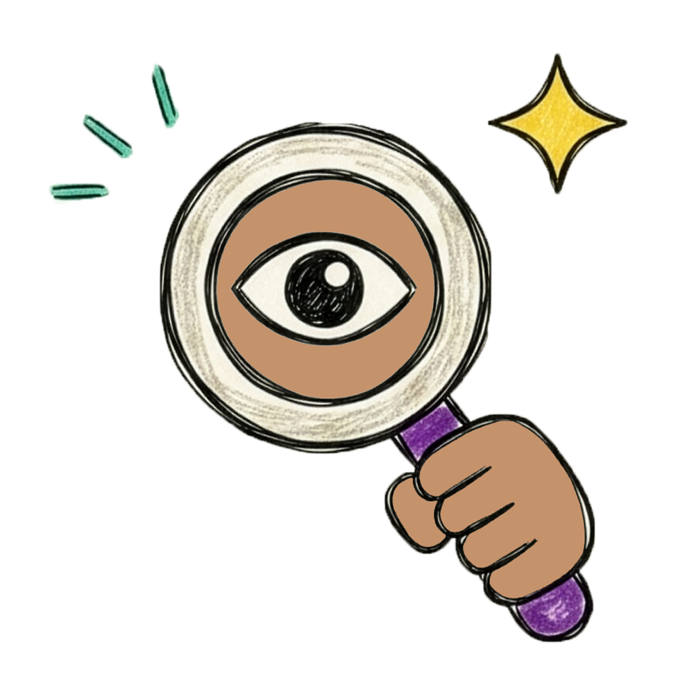 A hand holding a magnifying glass with an eye inside, accompanied by a yellow star sparkle.