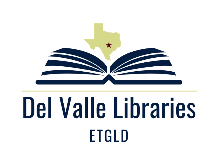 Logo for Del Valle Libraries featuring an illustrated open book with a map of Texas and a star above it, and the text "Del Valle Libraries ETGLD".